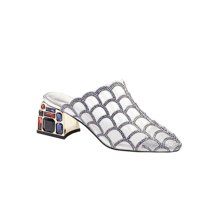 Женские тапочки, летние, новые, остроконечные, сетчатые, из рыбьей чешуи, Baotong Head Half Drag, повседневные, модные, дышащие, сандалии на квадратном каблуке