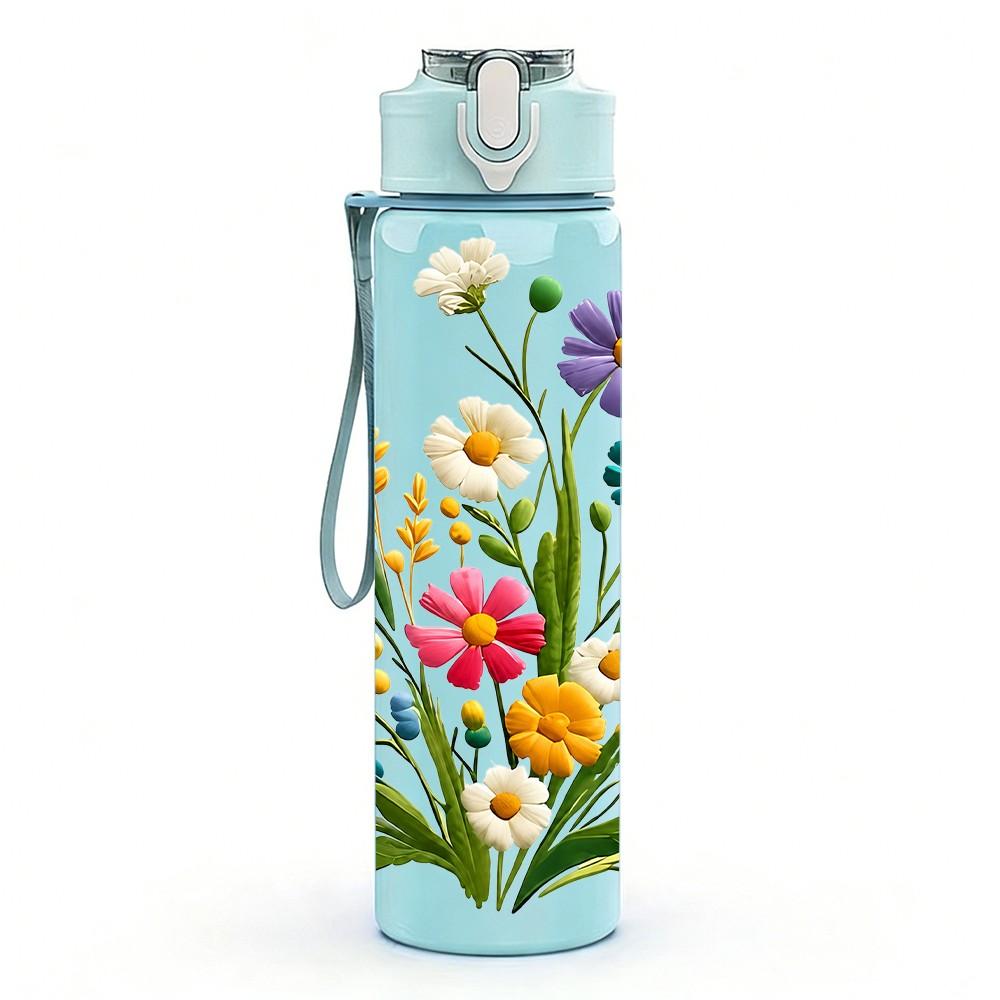 1PC Mixed Wildflower Bouquet Floral Print 750ml Color Plastic Sports Water Bottle Leakproof Flip Straw Lid Suitable for Sports Office Home Use