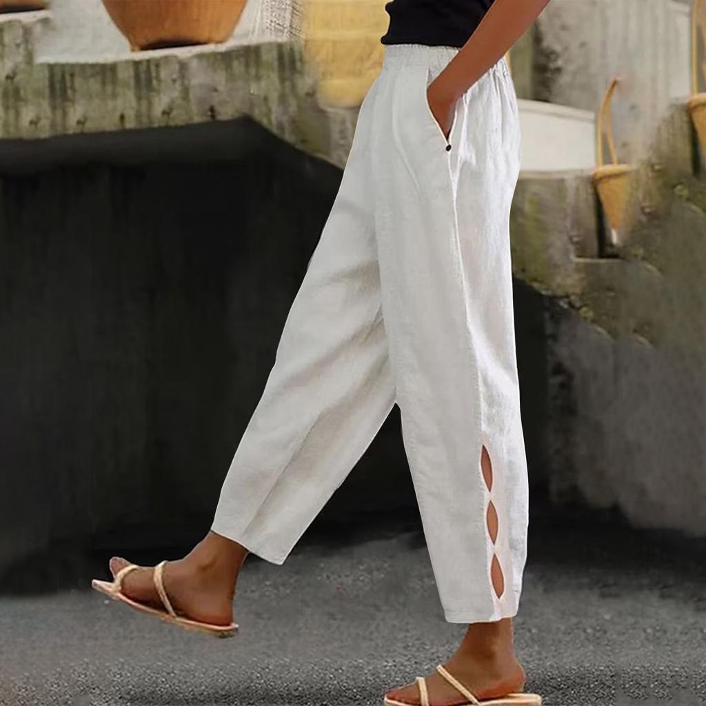Женские модные хлопковые и льняные однотонные повседневные повседневные брюки с боковыми карманами и полыми пуговицами