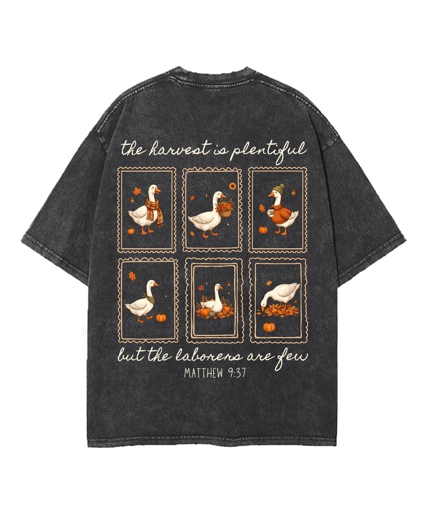The Harvest Is Plentiful Cute Goose Pumpkin Stamp Graphic Front Back Print Vintage Washed T-shirt Unisex Oversized Casual Tops