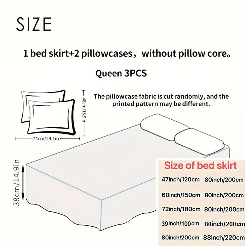 Набор из 3 предметов: Принтованная юбка для кровати 1 юбка для кровати + 2 наволочки, Цветочная кружевная юбка для кровати, Дышащее мягкое покрывало, Постельное белье, Защитный чехол для матраса с защитой от скольжения 360°