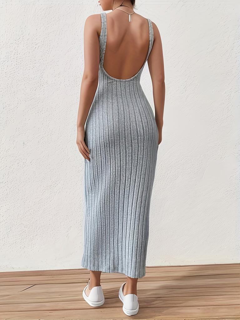 Solid Backless Tank Dress Summer New Sexy Backless Mid-length Knitted Sleeveless Dress