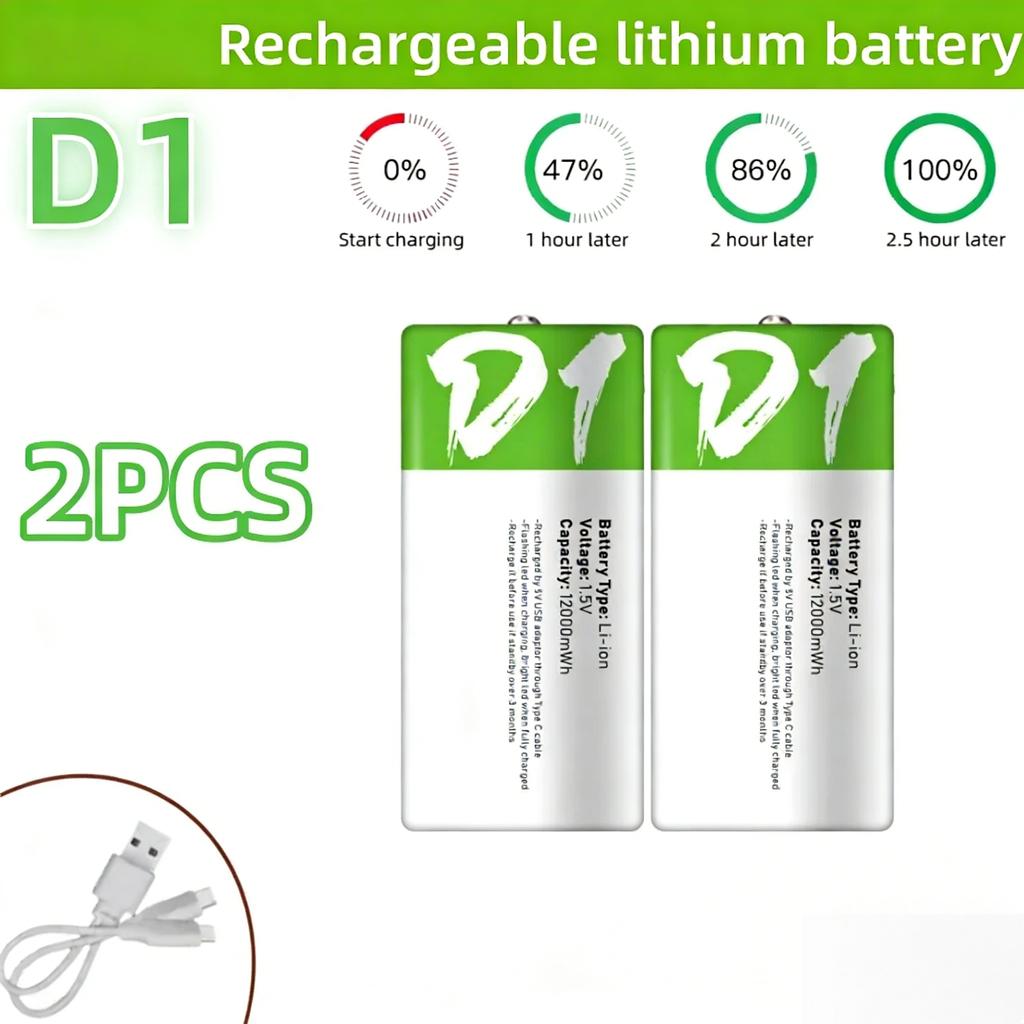 1.5V 5000mWh C Size LR14/LR20 12000mWh D Size Li-po Rechargeable Battery Type-C Ultra-Fast Charging for Flashlight Gas Cooker