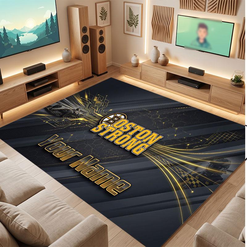 Boston Bruins Personalized Crystal Velvet Carpet, Customized Name Text Soft Anti‑Slip Rug for Living Room Bedroom