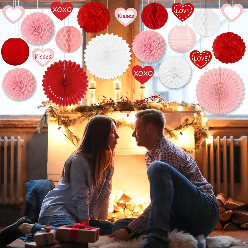 22pcs Valentines Day Party Decorations – Red Pink Paper Fans, Honeycomb Hanging, Tissue Pom Poms Kit for Classroom, Office, Birthday, Galentines