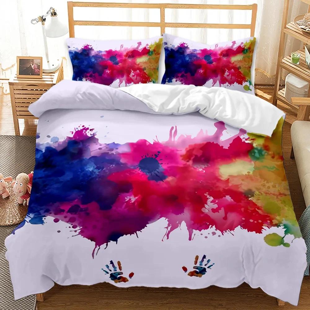Abstract Duvet Cover Set, Grunge Style, Dirty Look with Colorful Watercolor Stains, Liquid Splashes, Polyester Bedding Set, Quee