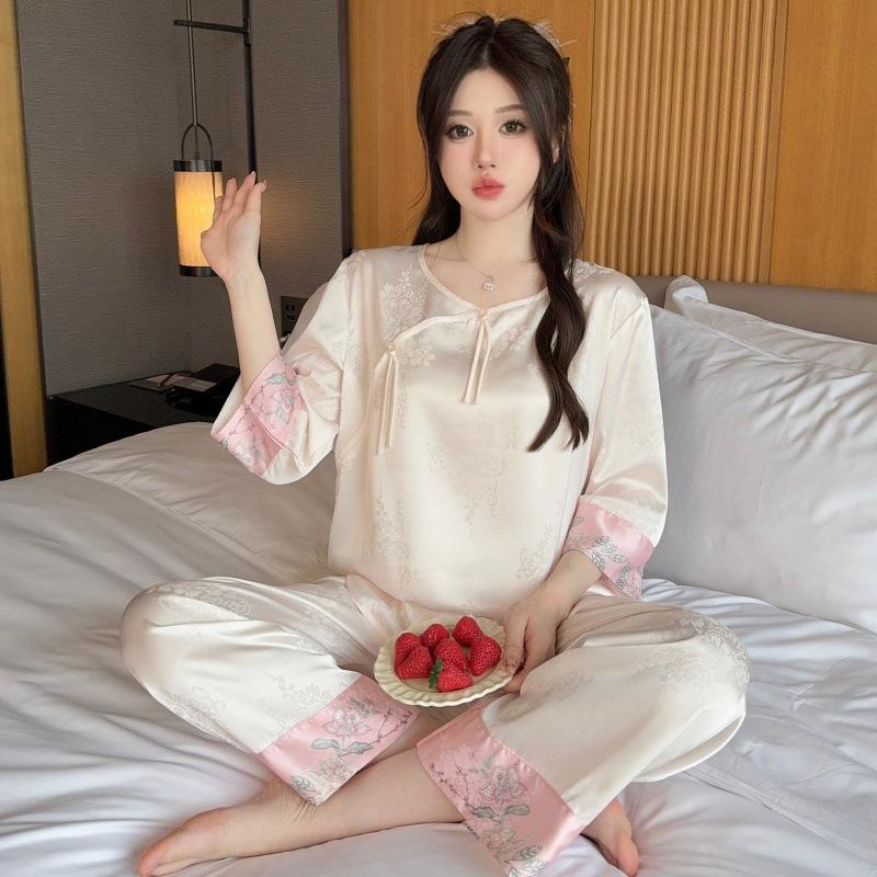 Spring and summer ice silk pajamas women's new Chinese-style fringed jacquard thin national style silk loungewear suit antique design