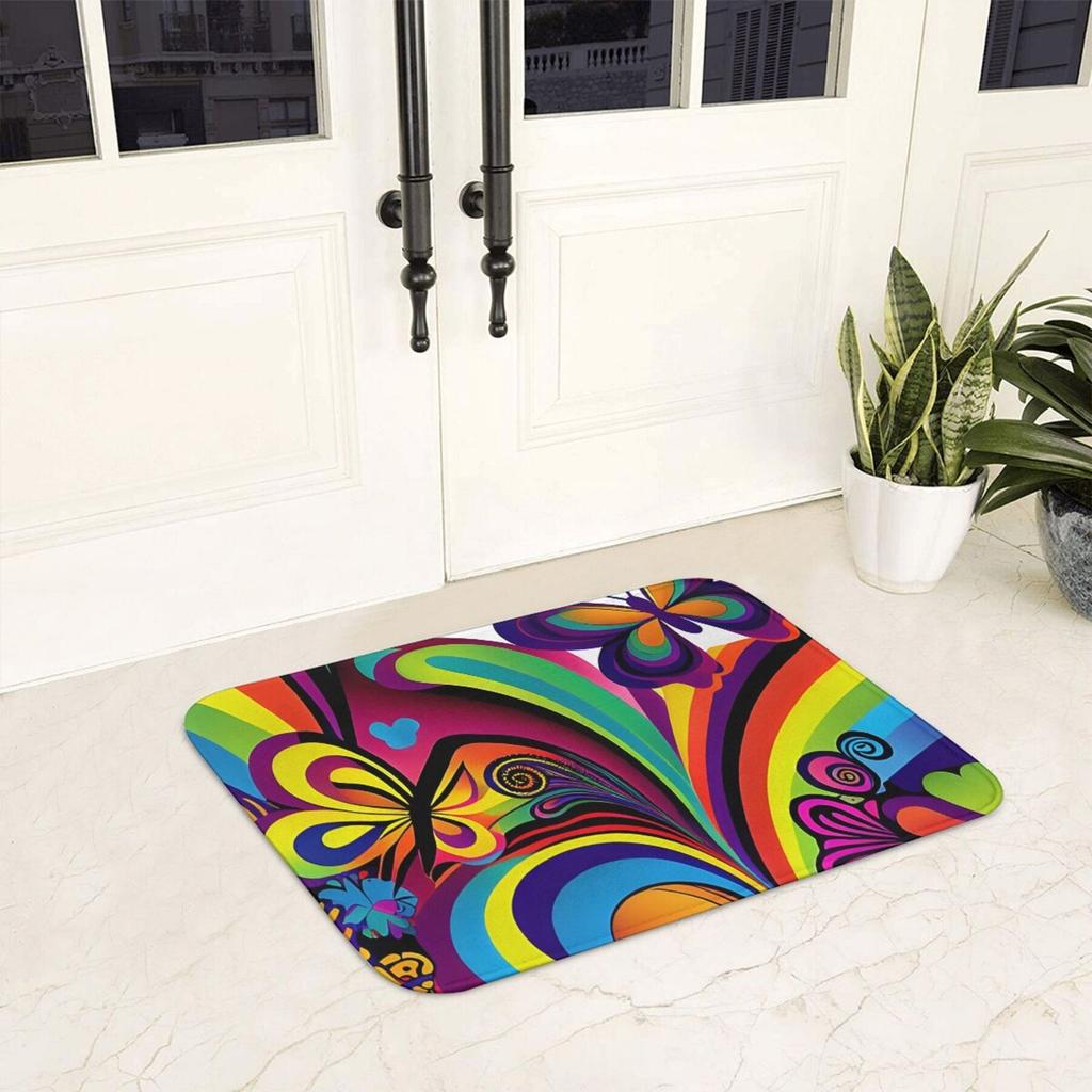 Dark Base Mat with Abstract Psychedelic Motifs: Butterfly, Flower and Swirl Patterns, Polyester Rug for Indoor Home Decor