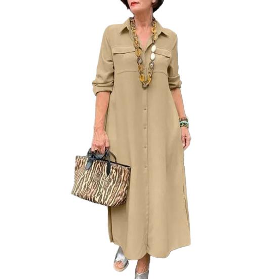 Женское платье с отложным воротником, свободное однотонное однобортное платье трапециевидной формы с длинным рукавом и нагрудным карманом, мягкое дышащее платье до щиколотки, весенне-осеннее платье макси