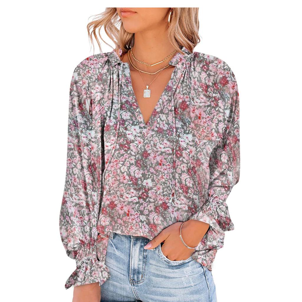 Женская тонкая непрозрачная блузка с цветочным принтом и рюшами на шнуровке