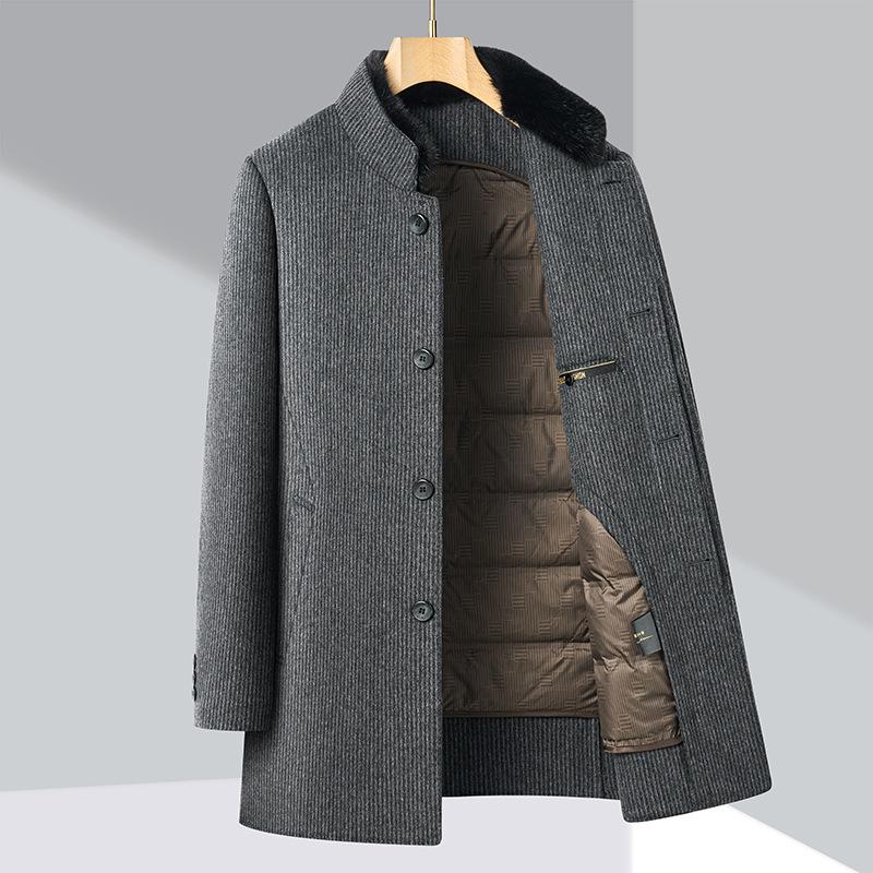 Двустороннее кашемировое пальто для мужчин, новый воротник-стойка, воротник из норки, утолщенное шерстяное пальто, верхняя часть на пуховике средней выдержки