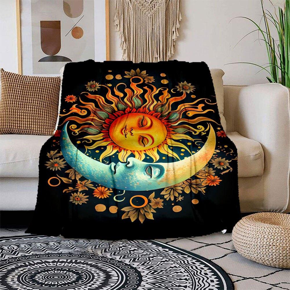 "Sun & Moon Harmony Art Print - Celestial Floral Decor"Blanket Flannel Throw Blanket for Sofa, Bed, Travel, Camping, Office, Couch, Chair, A