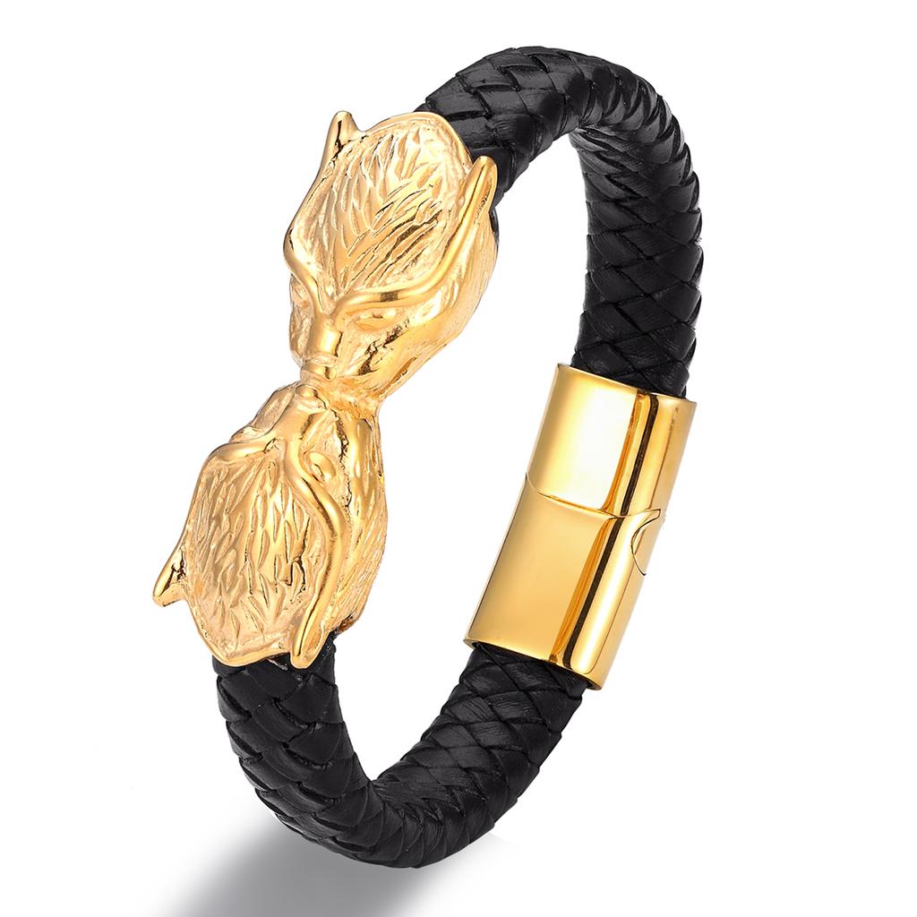 New Punk Design Gold Color Animal Genuine Leather Bracelet Men Female Stainless Steel Lion Wolf Leopard Bangle Wristband Jewelry