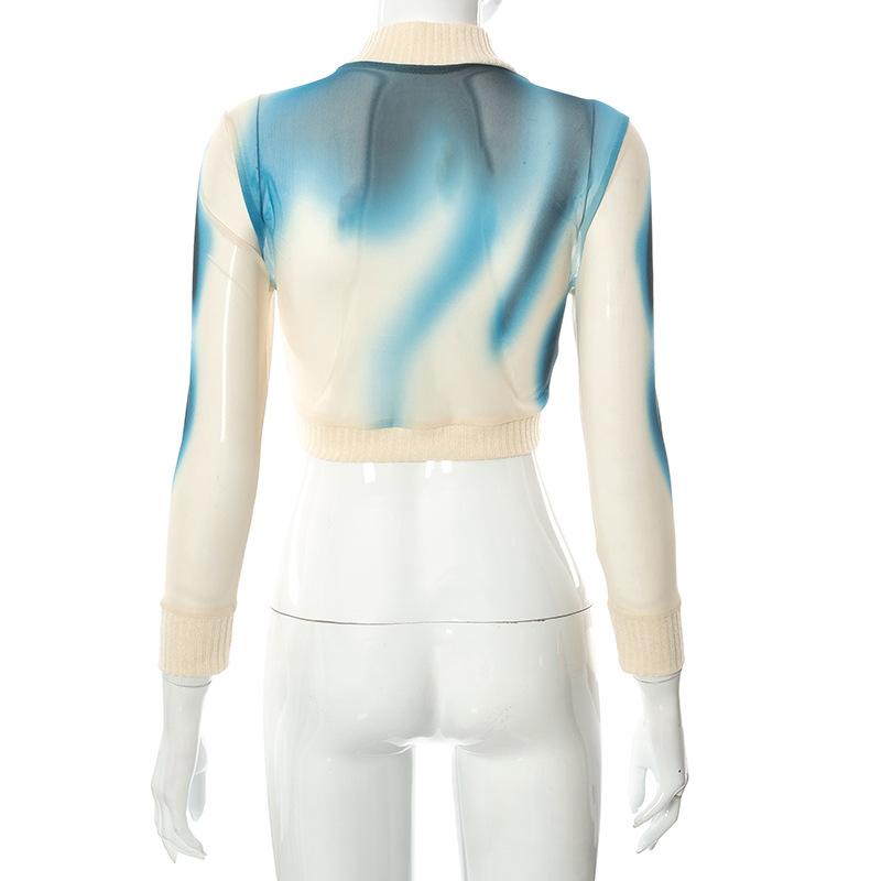 Винтажная уличная одежда 90-х годов, водолазка с принтом Tie Dye, сетчатые футболки Y2K, модные лоскутные укороченные топы с длинными рукавами, женские модные футболки