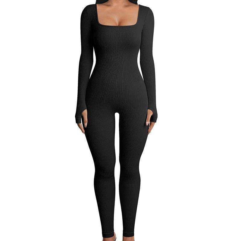 Spring Autumn Square Neck Women Yoga Bodysuit Plus Size Long Sleeve Sports Hip Lift Sexy Playsuit Solid Color Fitness Bodycon Women's Clothing 3521