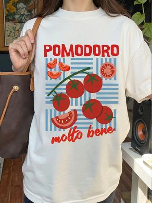 Фруктовый Томат Принт Букв Женская Летняя Футболка Повседневная Белая С Принтом Круглый Вырез Топ Всесезонный Узор Футболка Женская Одежда