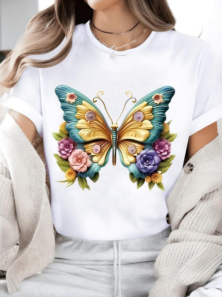 (Asian Size) Print Short Sleeve T-shirts Flower Style 90s Fashion O-neck Female Casual Women's Top T Clothing Graphic Tee