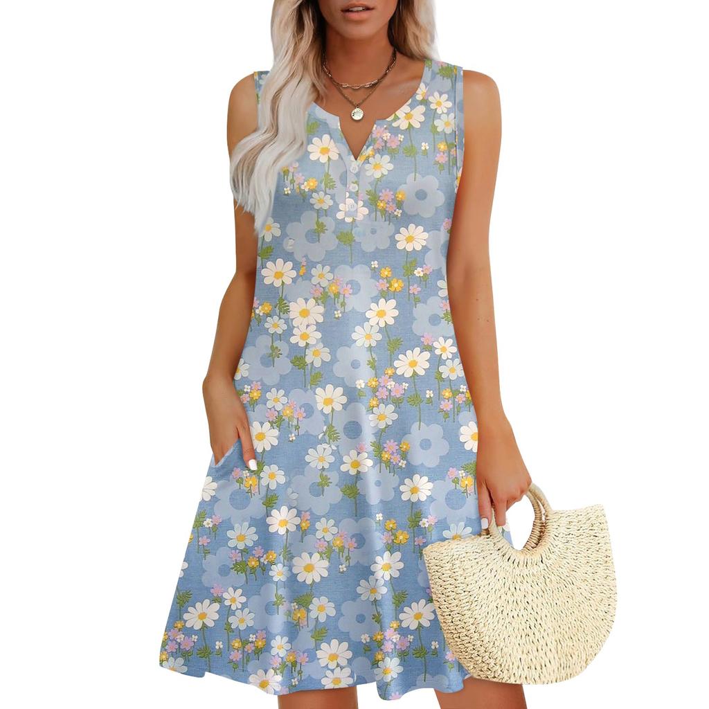 Женские летние платья Свободные сарафаны без рукавов с V-образным вырезом Платье с карманами