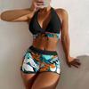 Women's Paneled Printed Swimsuit Ladies Split Boxer High Waist Swimsuit Two-Piece Set