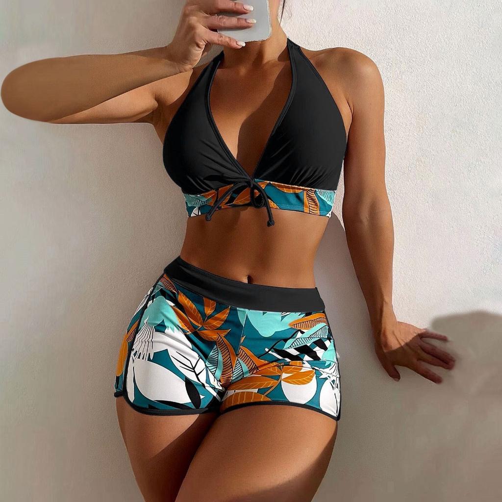 Women's Paneled Printed Swimsuit Ladies Split Boxer High Waist Swimsuit Two-Piece Set