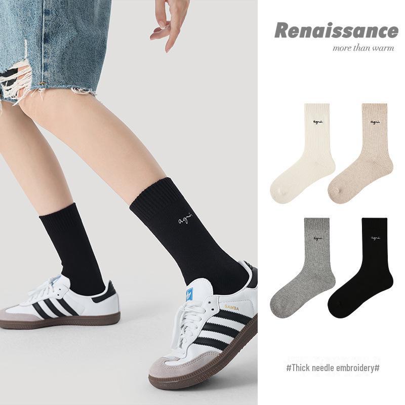 Женские носки Renaissance средней длины с вышитыми буквами — однотонные, дышащие, с толстой вязкой, идеально подходят для весны и осени.