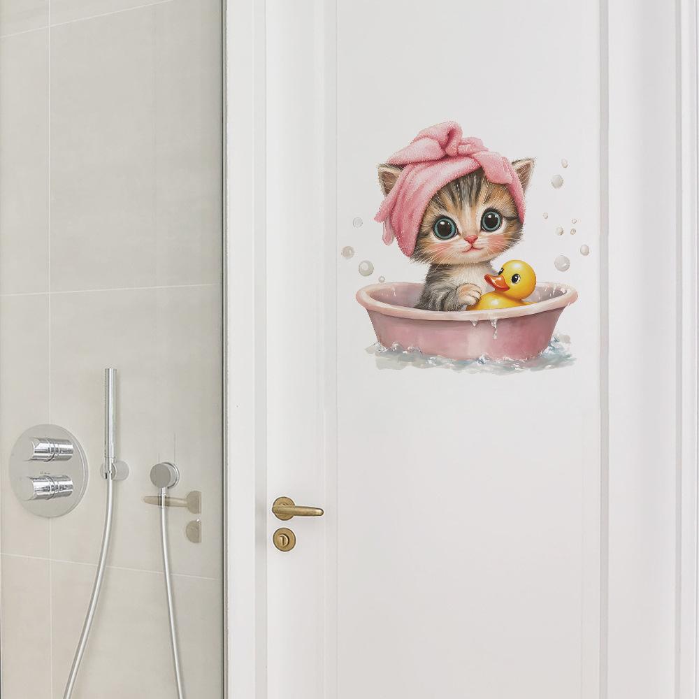 Мультяшный котенок, время купания, наклейка на стену для ванной комнаты, душевой кабины, водостойкая, съемная, декор для дома