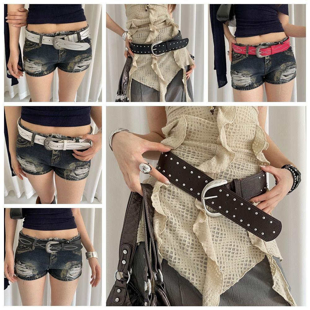 Винтажный широкий кожаный пояс на талию Y2k в панк-стиле Модный женский ремень с заклепками Для дерзких девушек