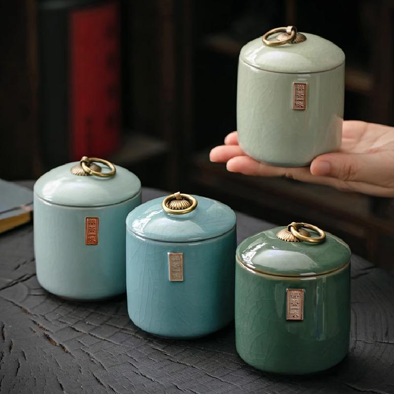 Geyao Ice Crack Tea Pot Portable Ceramic Sealed Pot Home Pu 'er Tea Storage Tank Tea Set Accessories Living Room Decoration