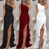 Elegant One Shoulder Women White Long Dress Slit Classy Wedding Party Evening Club Ladies Slim Dress