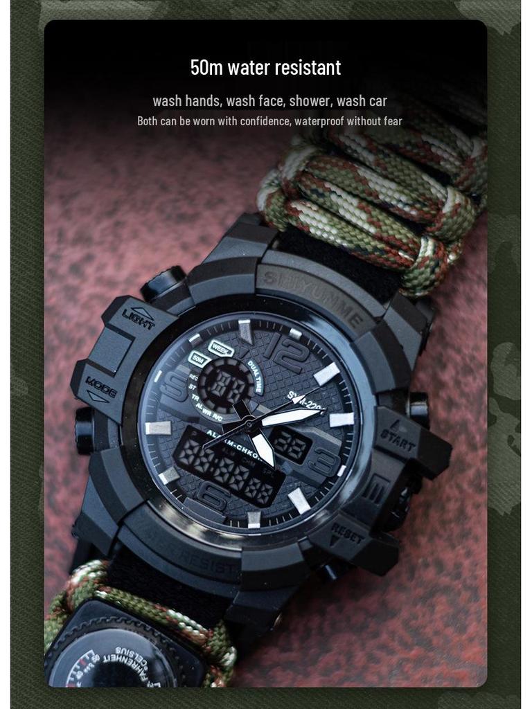 Мужские наручные часы для выживания на открытом воздухе с двойным дисплеем, спасательной веревкой, огнивом, свистком и компасом