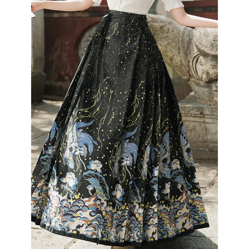 6521 Authentic Chinese Hanfu Embroidered Short-Sleeve Top & Starry Sky Satin Skirt Set