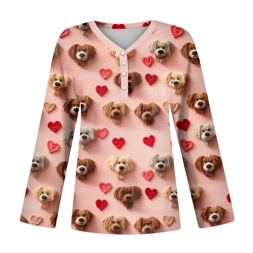 Женский модный повседневный топ с длинным рукавом и V-образным вырезом на пуговицах ко Дню святого Валентина с принтом в виде сердца