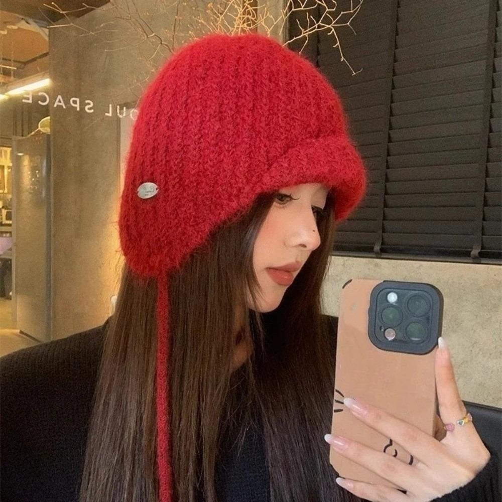 Lace-up Knitted Hat Solid Color Strap Beanies Fashion Knitted Earmuffs Hat Winter