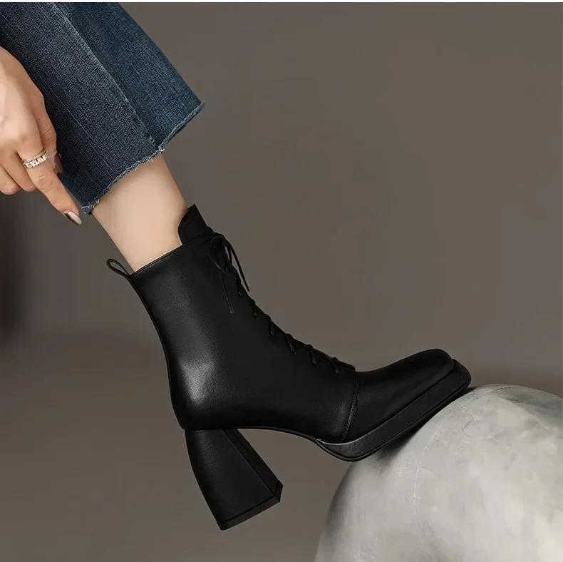 Модные женские туфли на высоком каблуке, ботильоны на толстой платформе, ботинки челси, осень 2024, шнуровка, квадратный носок, повседневный бренд Zapatos De Mujer Trafza