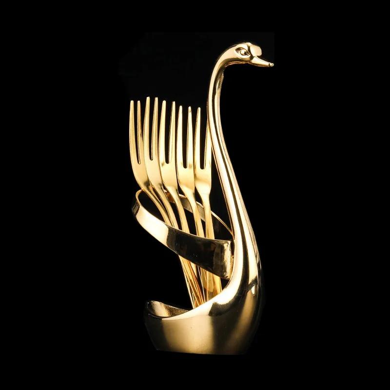 304 Stainless Steel Swan Dinnerware Set Gold Fruit Dessert Cutlery Set for Swan Base Holder Silver Leaf Forks Portable Teaspoon