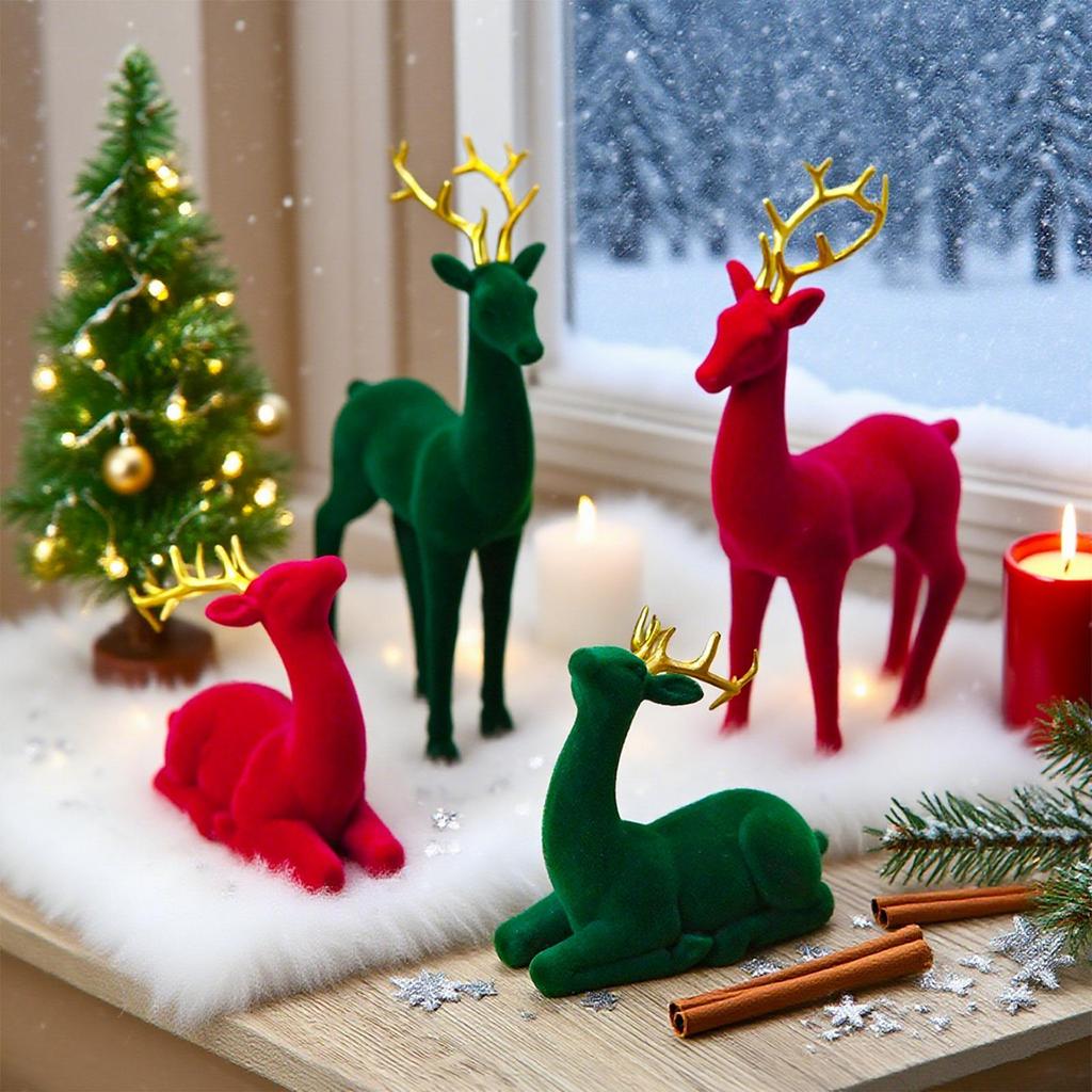 Reindeer Christmas Decor Flocking Deer Statue 2 Pieces Standing Sitting Sculpture Red Green Aesthetic Elk for Party Bedside