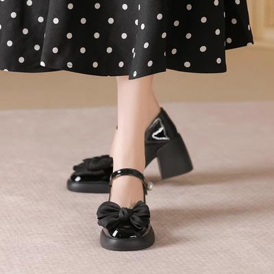 Женские туфли Мэри Джейн лето новые универсальные толстый каблук высокий каблук жемчужный темперамент туфли с бантом