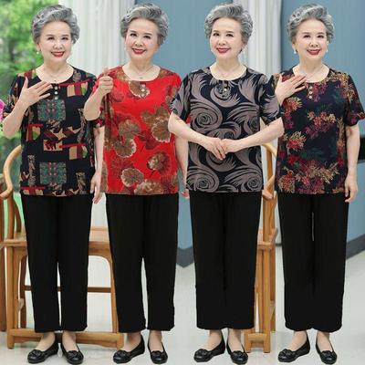 Летний наряд: Комплект из топа с коротким рукавом и брюк для женщин 60-70 лет - Смесь хлопка и шелка для комфорта женщин среднего и пожилого возраста