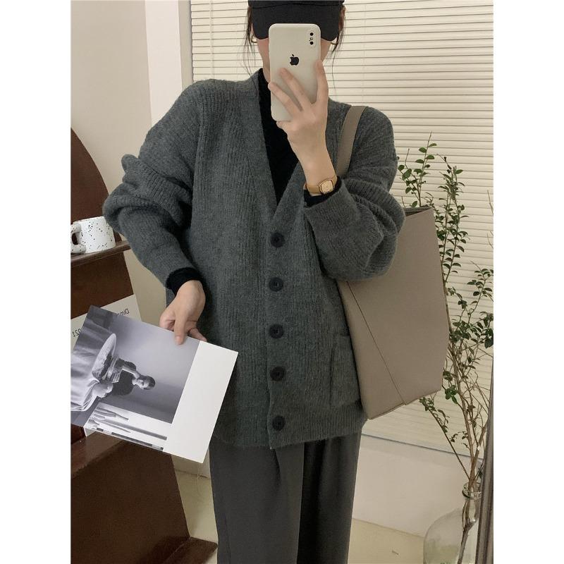 Винтажный ленивый кардиган V-образного выреза, вязаный, для женского осенне-зимнего сезона, новый, свободный, универсальный, на пуговицах, куртка-свитер для женщин