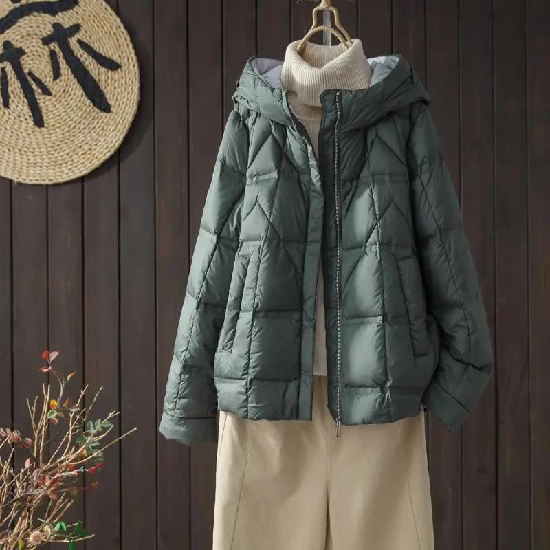 Женская зимняя пуховая куртка с капюшоном из белого утиного пуха, зимняя повседневная свободная утолщенная тонкая куртка