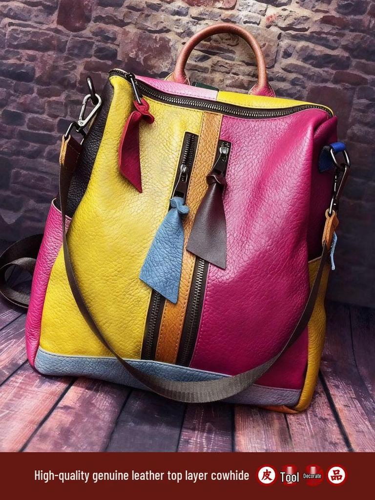 Ретро Кожаная Пэчворк Цветной Блок Сумка для Телефона и Рюкзак с Двойным Ремешком
