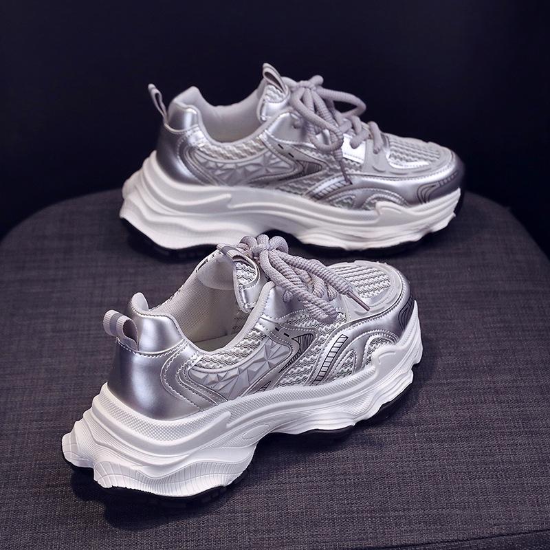Sneakers women's 2024 summer new popular mesh breathable casual little white shoes fashionable thick-soled heightening dad shoes