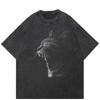 Streetwear Cat Graphic T-Shirt Cotton Washed Black Tshirt Unisex Tops Tees Summer Short Sleeves T Shirt