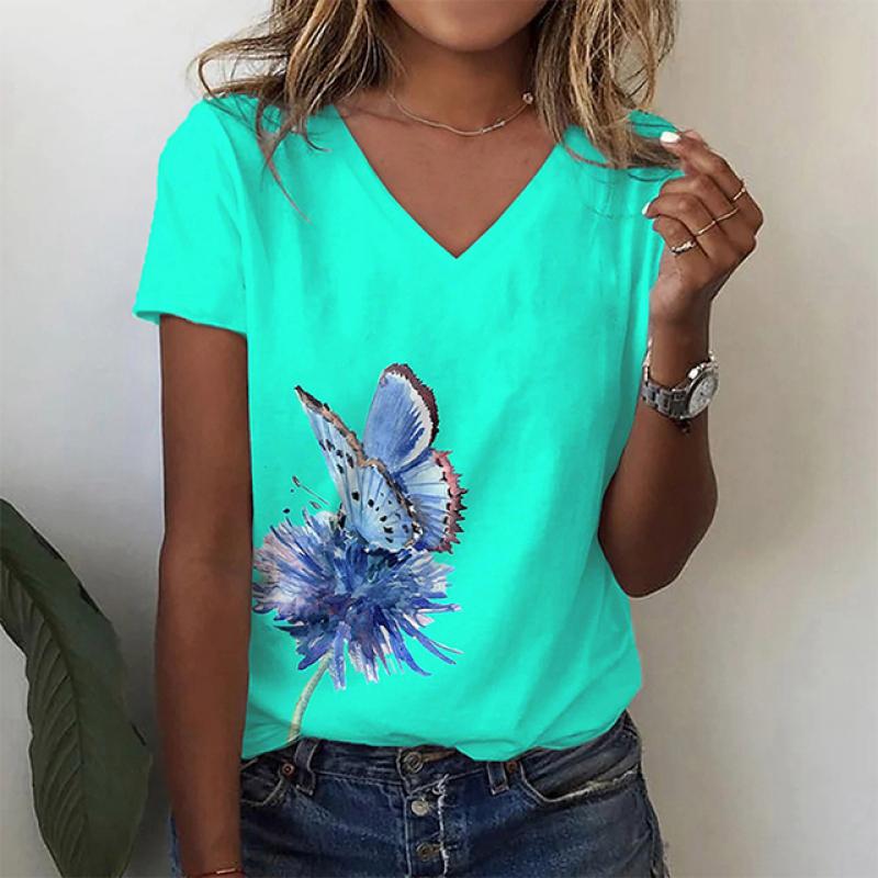 Футболка с 3D-принтом «Цветочная бабочка», женская, с V-образным вырезом, с коротким рукавом, топы Y2k, уличная одежда, футболки больших размеров в стиле Харадзюку, женская одежда