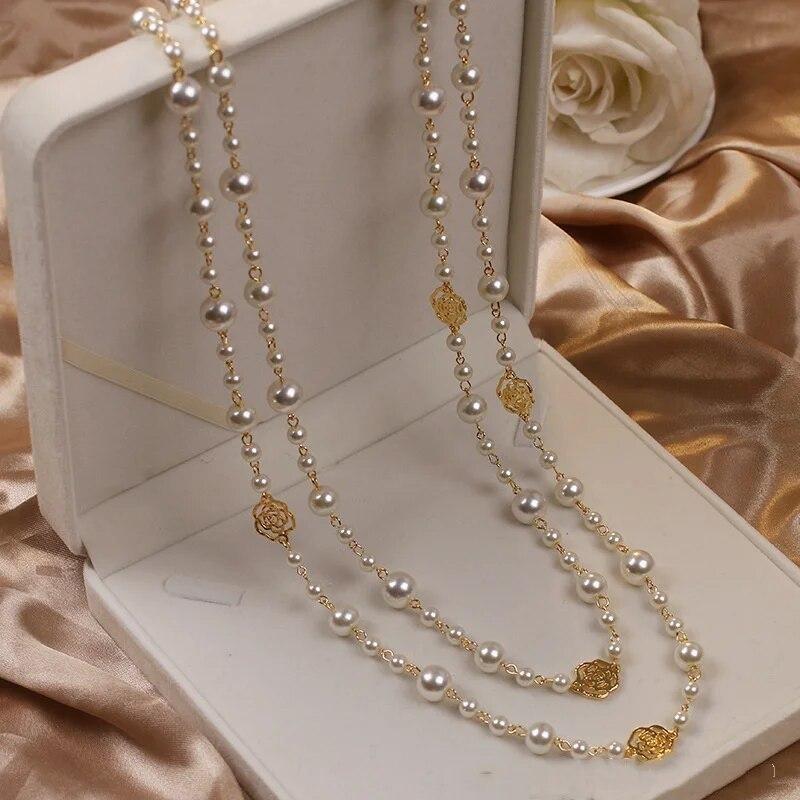 Vintage Lady Camellia Pearls Flower Long Necklace Chain Elegant Double Layers Fashion Jewelry For Women Party Collares De Moda