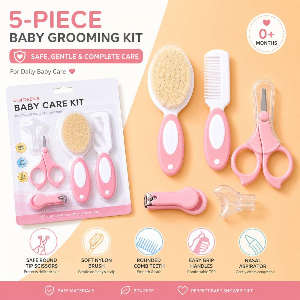 Soft Nylon Infant Care Set Round Tip Baby Nail Clipper Gifts Baby Brush Comb Set  Baby Grooming Kit