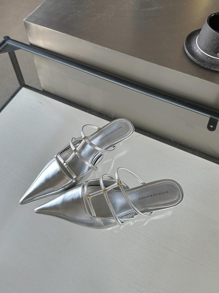 Мода Модные женские тапочки с острым носком Летние уличные туфли-мюли Тонкие туфли на среднем каблуке Черные, белые, серебристые, золотые сандалии Офисные туфли-лодочки