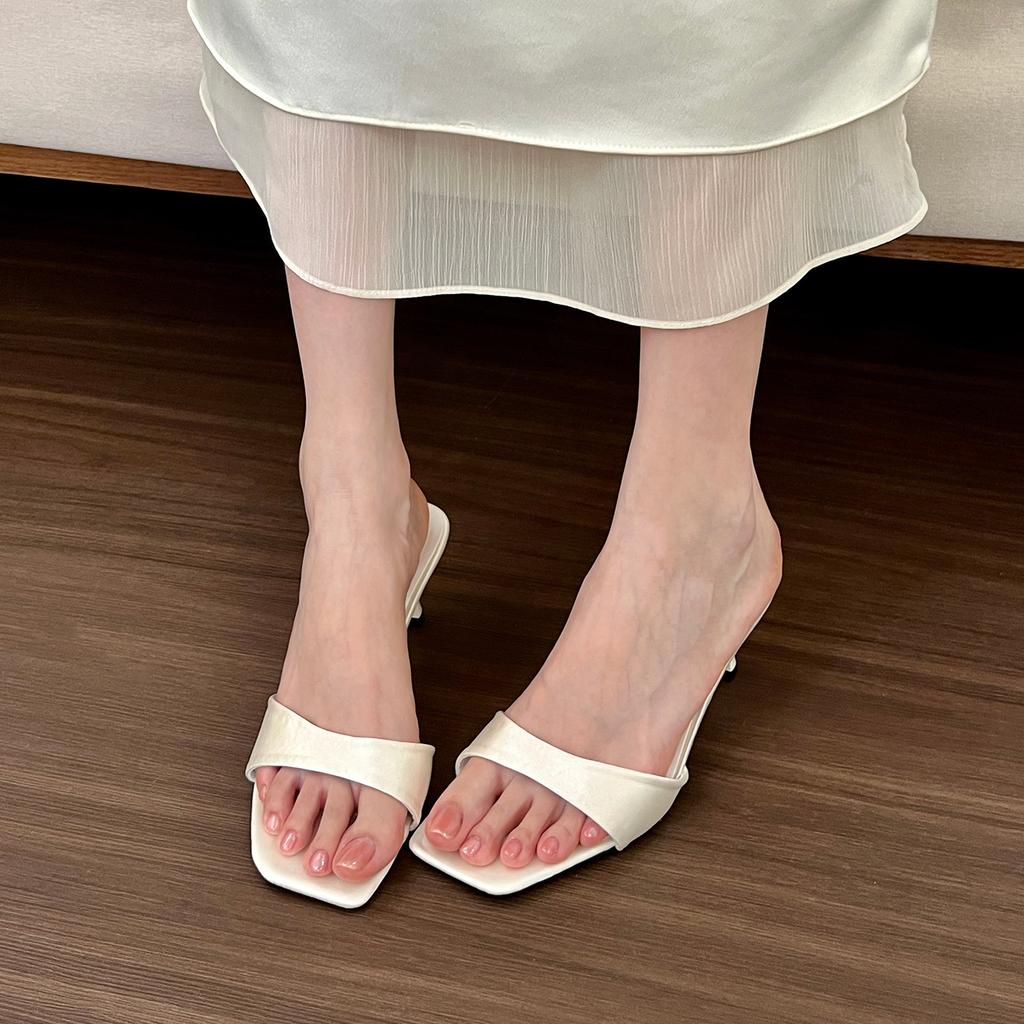 White Moonlight! Satin Word with High Heels Cool Slippers Women's Summer New Stiletto Muller Shoes