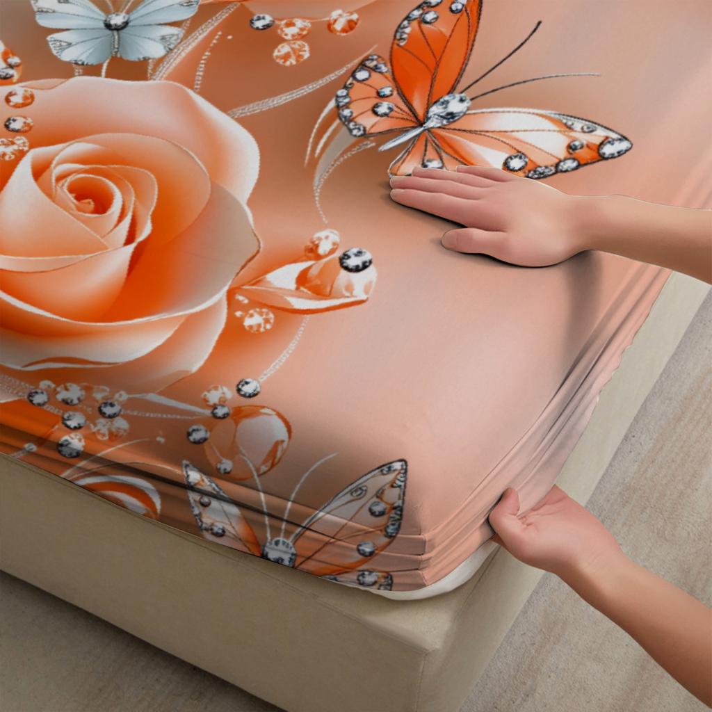 Rose And Butterfly Printed Fitted Sheet Set Peach Color Floral Design With Pillowcases For Bedroom Decor