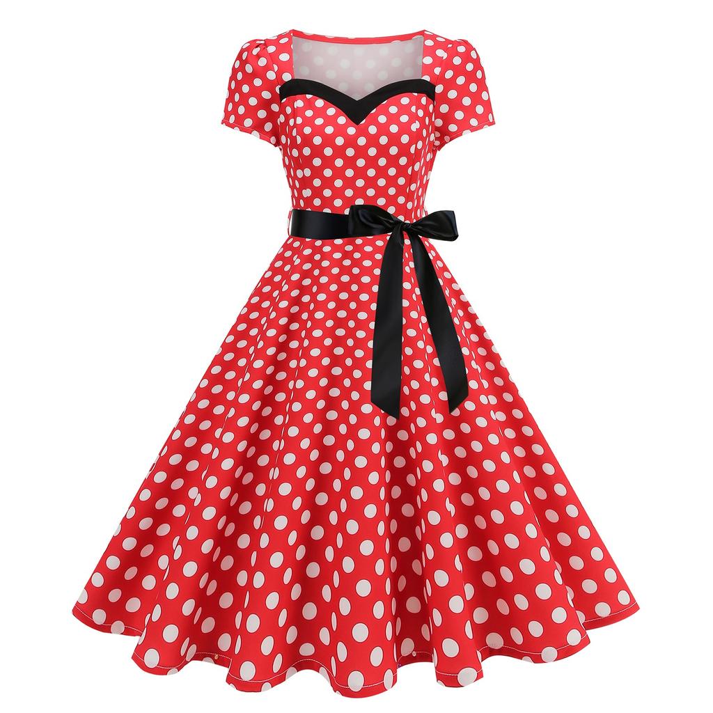 Женское модное повседневное вечернее платье в стиле кэжуал, с коротким рукавом, расклешенное, в горошек, в стиле ретро